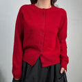 Red Fine Knit Cardigan with Crew Neck and Button Front, Raglan Sleeve