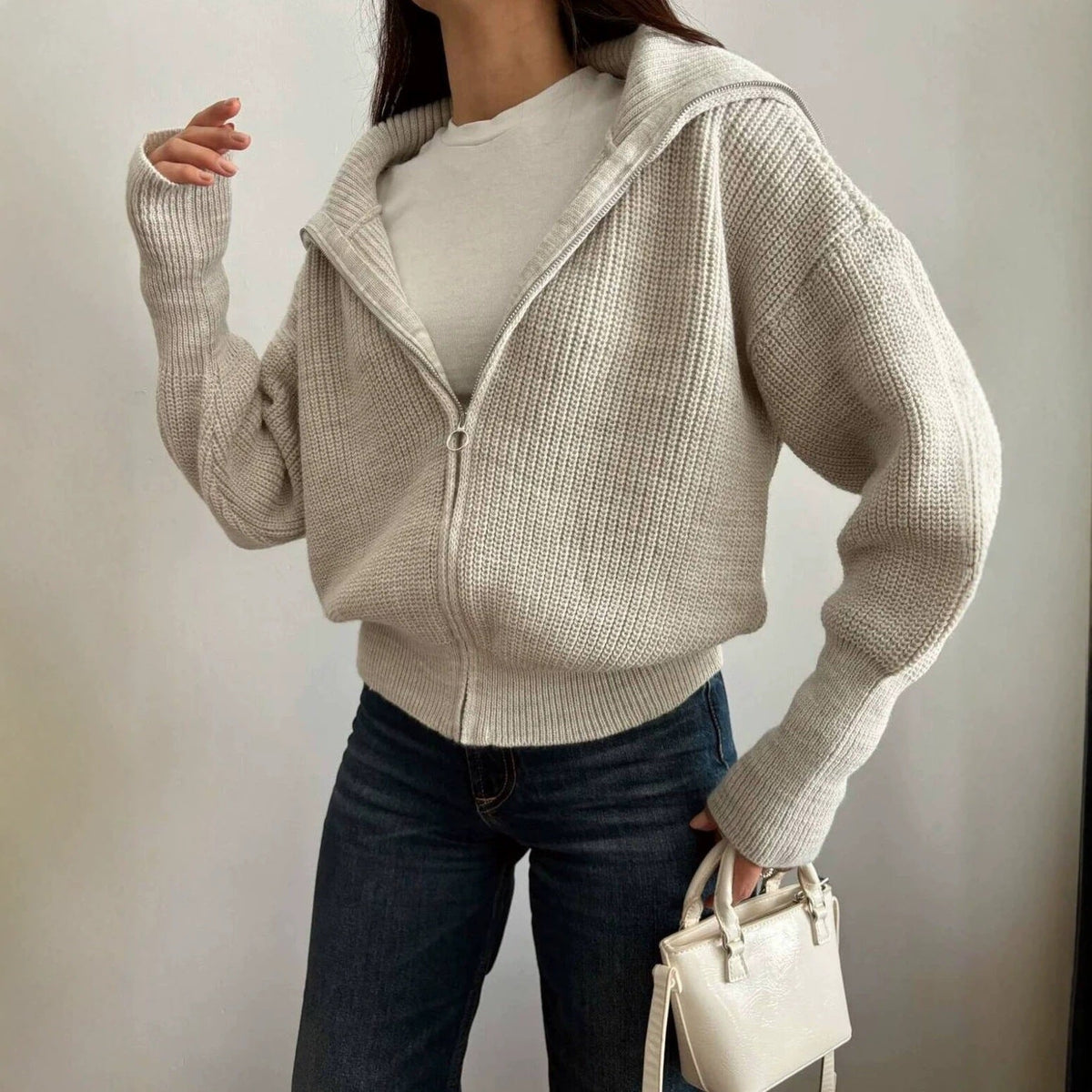 Zip-Up Rib Knit Cardigan with Oversized Collar, Cropped Fit