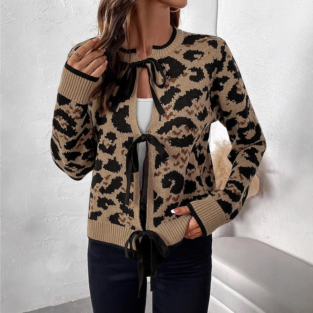 Leopard Jacquard Knit Cardigan with Bow Ties, Ribbed Crew Neck