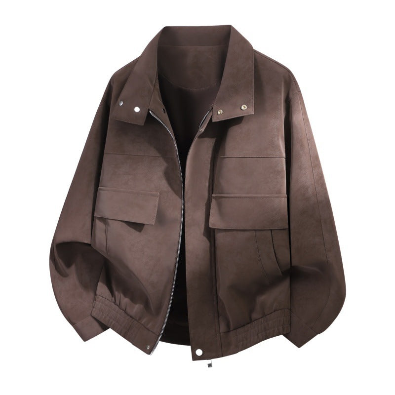Oversized Suede-Look Jacket with Flap Pockets and Snap Collar
