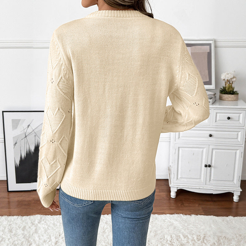 Apricot Heart Knit Sweater with Red Heart Motif, Women's Jumper