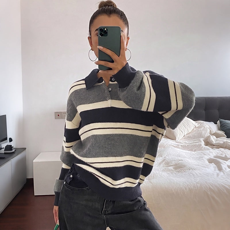 Striped Polo Collar Sweater with Button Placket, Relaxed Rugby Jumper