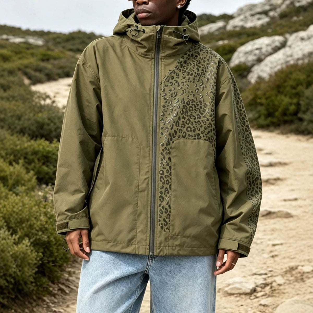 Men's Hooded Windbreaker Jacket with Leopard Print Panel, Zip Front