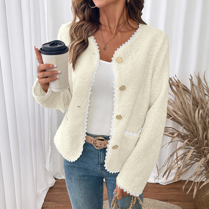 Off-White Fleece Cardigan Jacket with Lace Trim and Gold Buttons