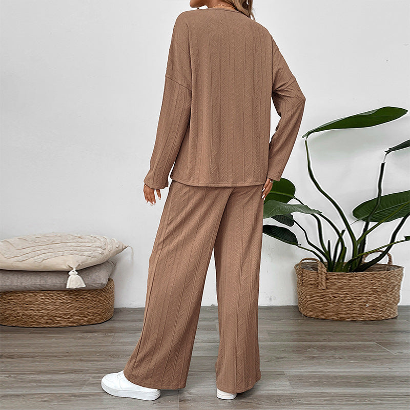 Knit Lounge Set with Henley Top and Wide-Leg Pants, Women's Trousers