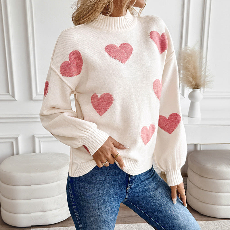 Light Pink Heart Sweater with Mock Neck and Balloon Sleeves, Jumper