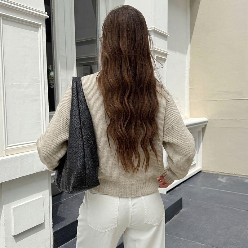 Khaki Zip-Front Knit Cardigan with Ribbed Crew Neck, Relaxed Bomber
