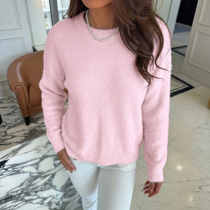 Pink Fluffy Knit Sweater with Wide Neck, Oversized Off-Shoulder Jumper
