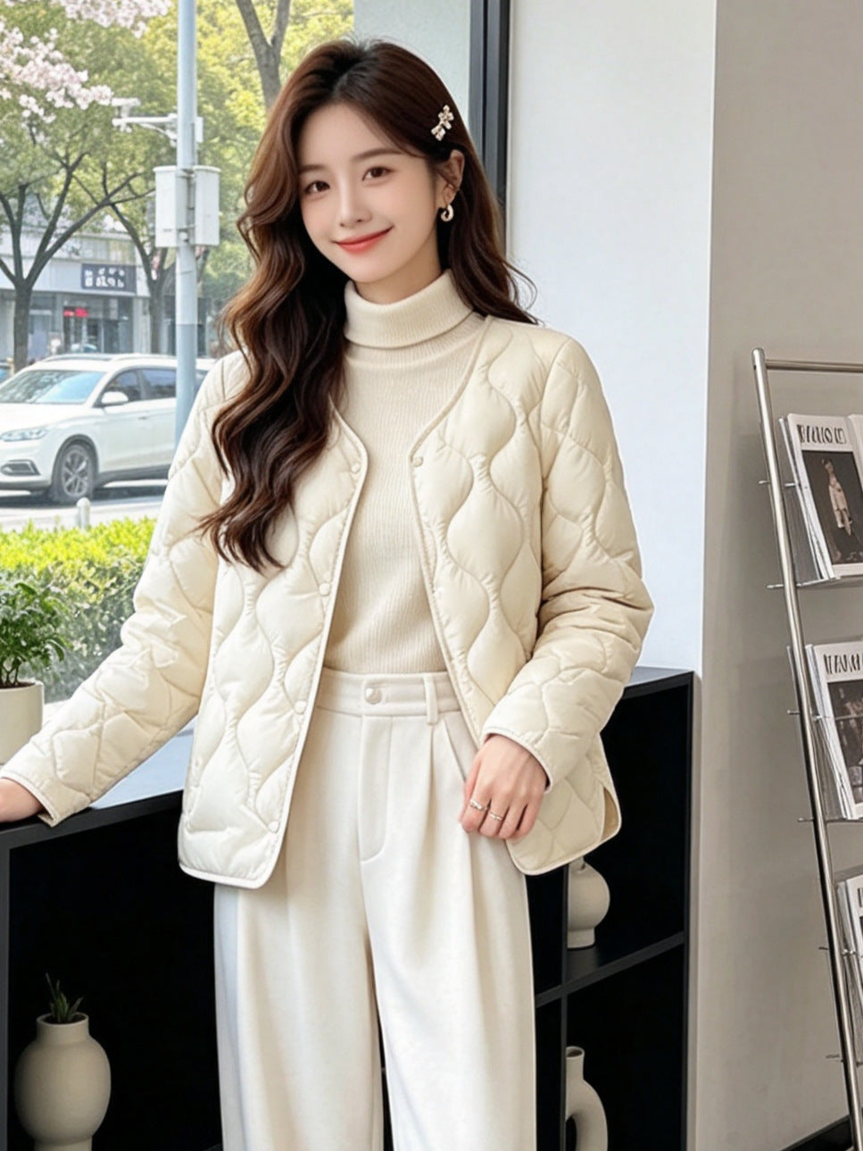 Lightweight Quilted Jacket with Press Studs, Collarless V-Neck