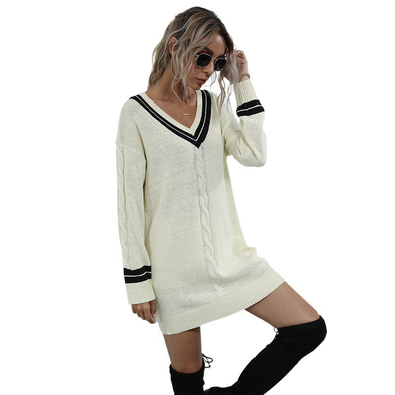 V-Neck Cable Knit Sweater Dress with Stripe Trim, Women's Jumper Dress