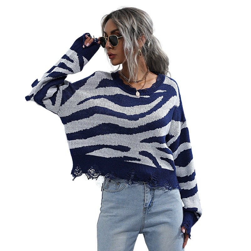 Zebra Stripe Cropped Sweater with Frayed Hem, Women's Jumper