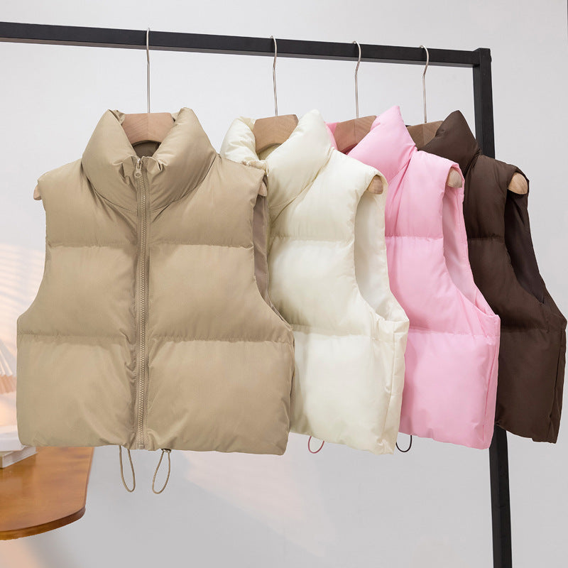 Cropped Puffer Vest with Stand Collar and Drawcord Hem, Women's Gilet