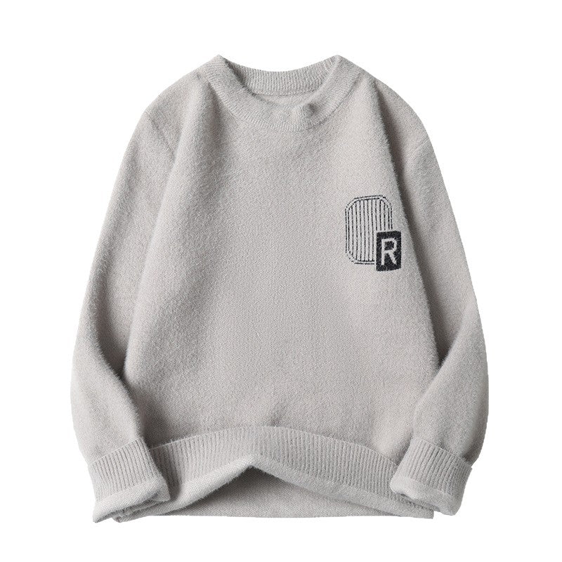 Fuzzy Knit Crew Neck Sweater with Chest Motif, Unisex Jumper