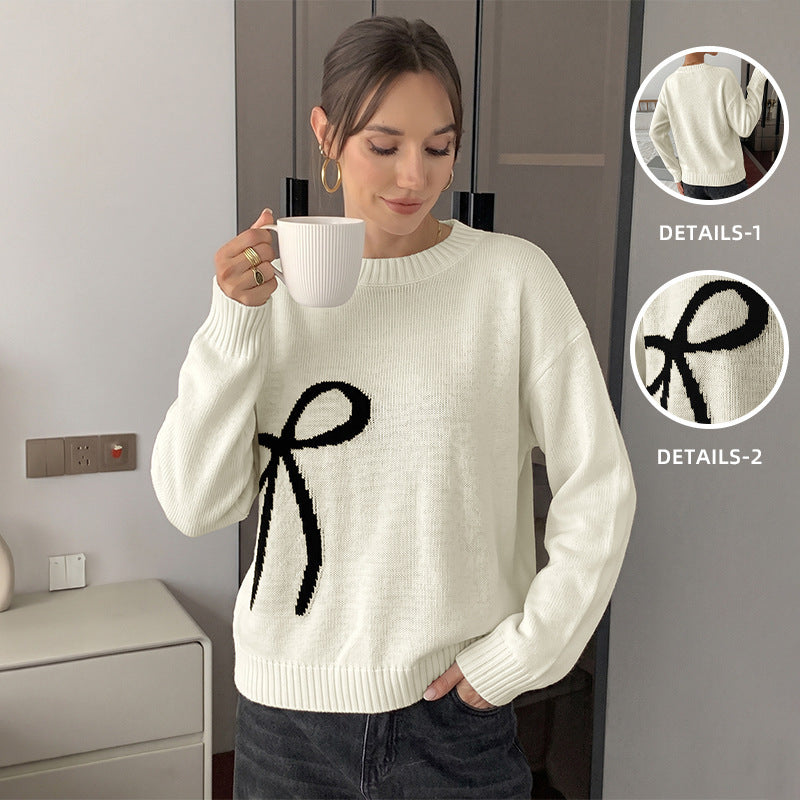 Off-White Bow Jacquard Sweater with Crew Neck, Relaxed Knit Jumper