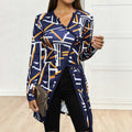 Geometric Print Tunic Top with Asymmetric Button Front and O-Ring