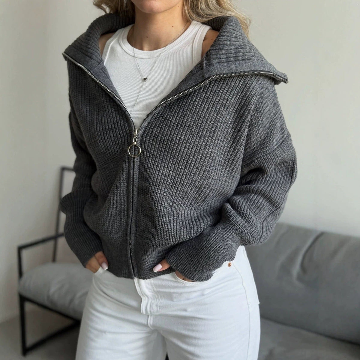 Zip-Up Rib Knit Cardigan with Oversized Collar, Cropped Fit
