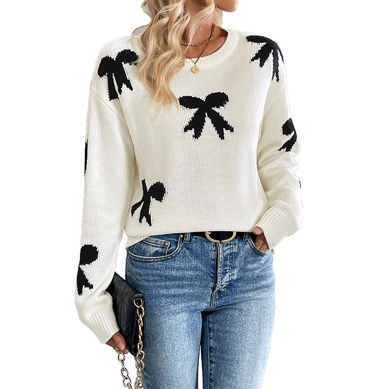 Off-White Bow Sweater with Black Jacquard Bows, Crew Neck Jumper