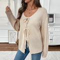 Apricot Tie-Front Knit Cardigan with Rope Bows, Relaxed Fit