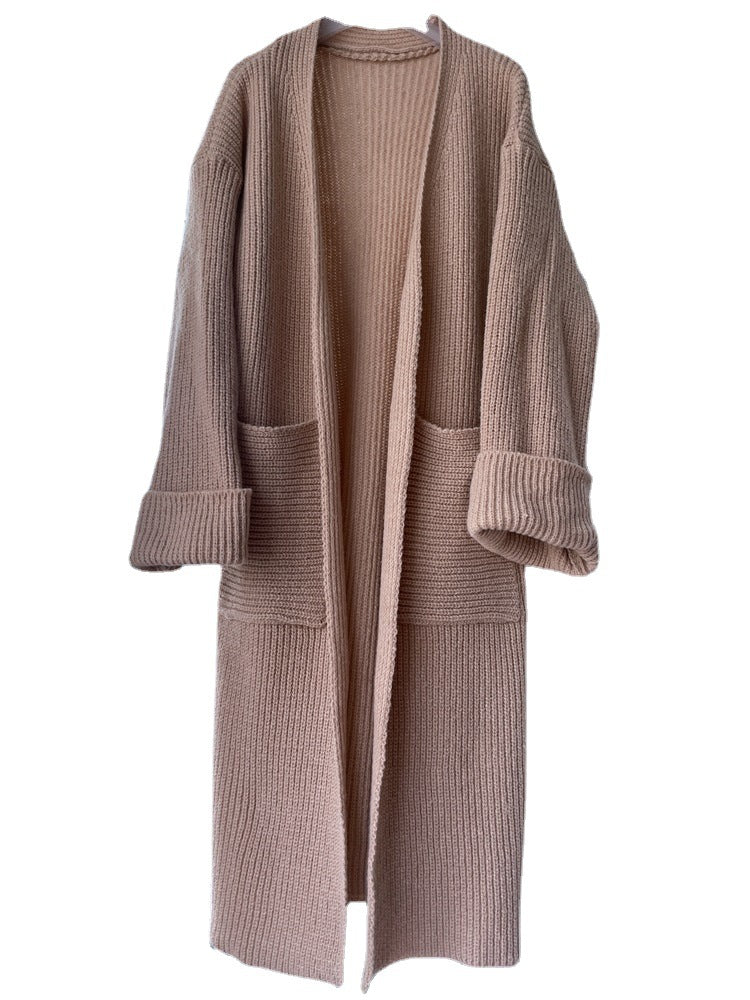 Maxi Knit Cardigan with Deep Patch Pockets and Turn-Up Cuffs