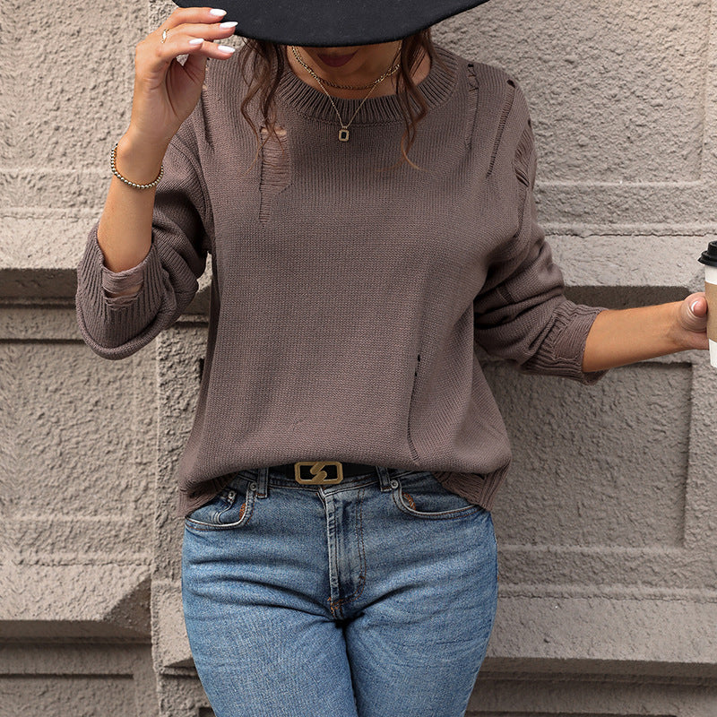 Distressed Knit Sweater with Frayed Hem, Relaxed Women's Jumper
