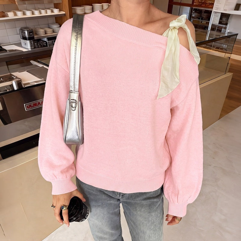 Pink Off-Shoulder Bow Sweater with Balloon Sleeves, Women's Jumper