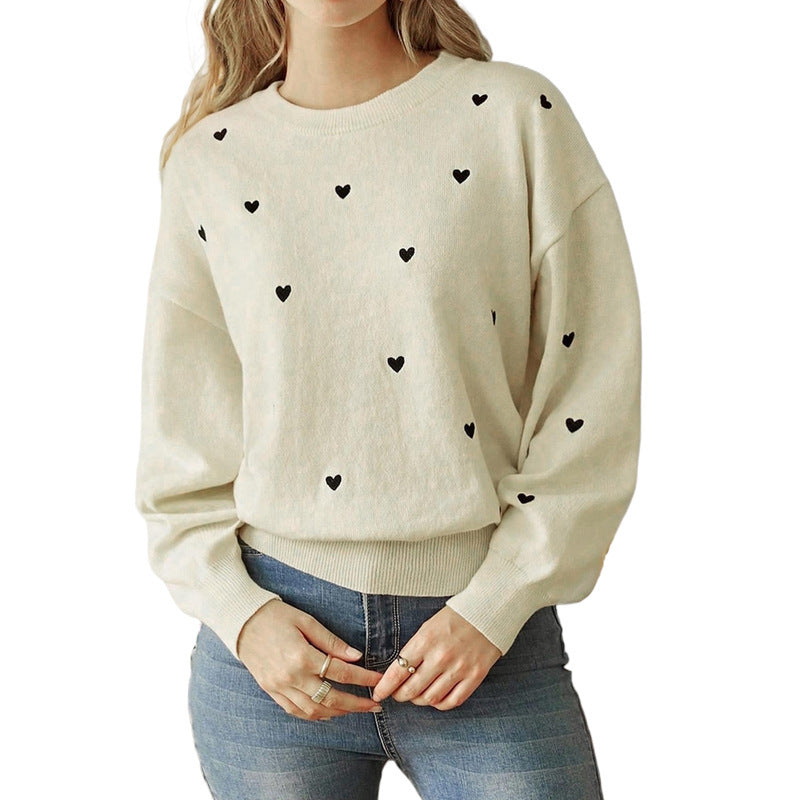 Light Beige Knit Sweater with Scattered Black Hearts, Women's Jumper