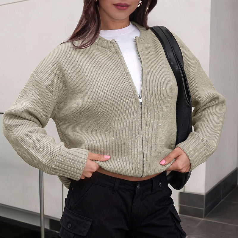 Khaki Zip-Front Knit Cardigan with Ribbed Crew Neck, Relaxed Bomber