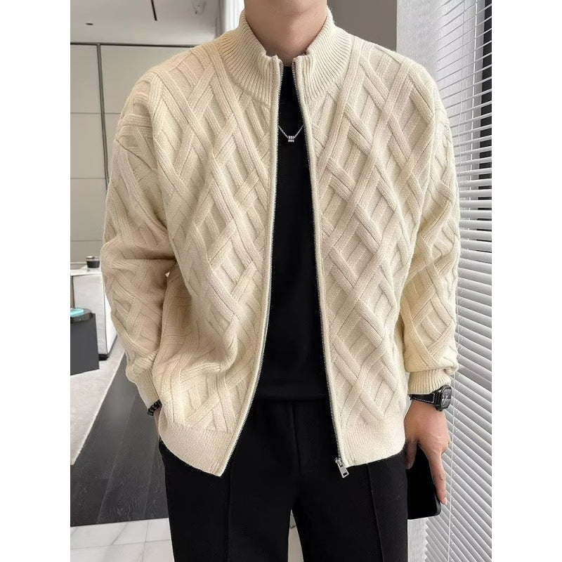 Men's Zip-Up Cardigan with Lattice Knit, Stand Collar Sweater Jacket