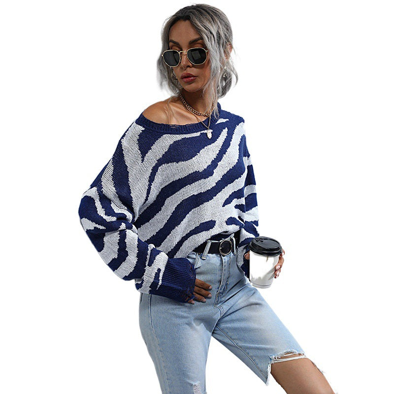 Zebra Stripe Cropped Sweater with Frayed Hem, Women's Jumper