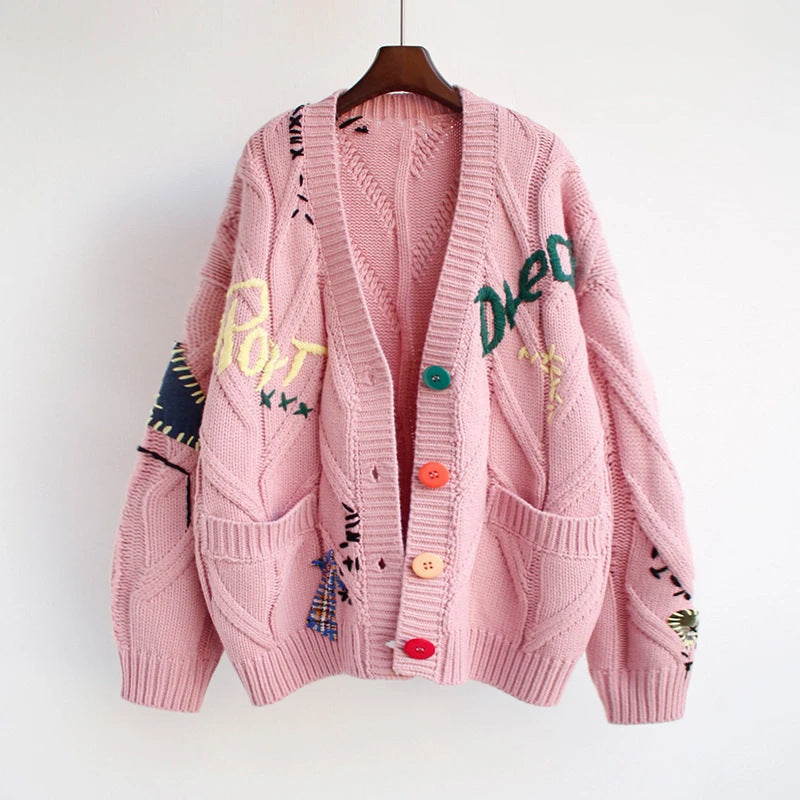 Embroidered Cable Knit Cardigan with Patchwork and Colorful Buttons