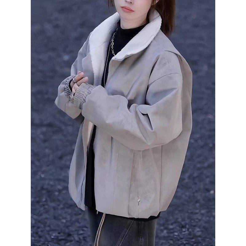 Oversized Faux Suede Jacket with Stand Collar and Zip Pockets