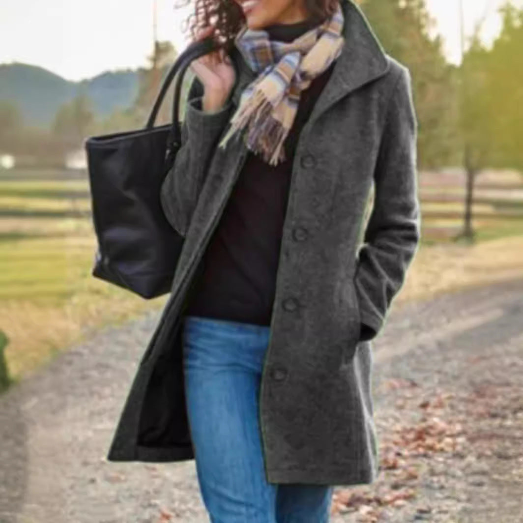 Mid-Length Single-Breasted Coat with Lapels and Side Pockets