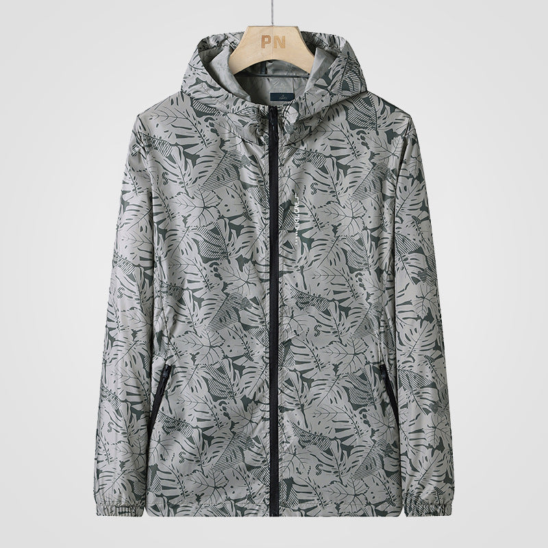 Lightweight Hooded Windbreaker With a Leaf Print, Unisex Cagoule