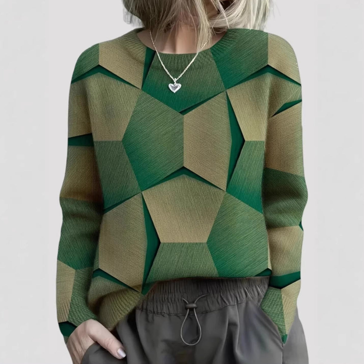 Geometric Pattern Sweater with 3D Facet Effect, Women's Jumper