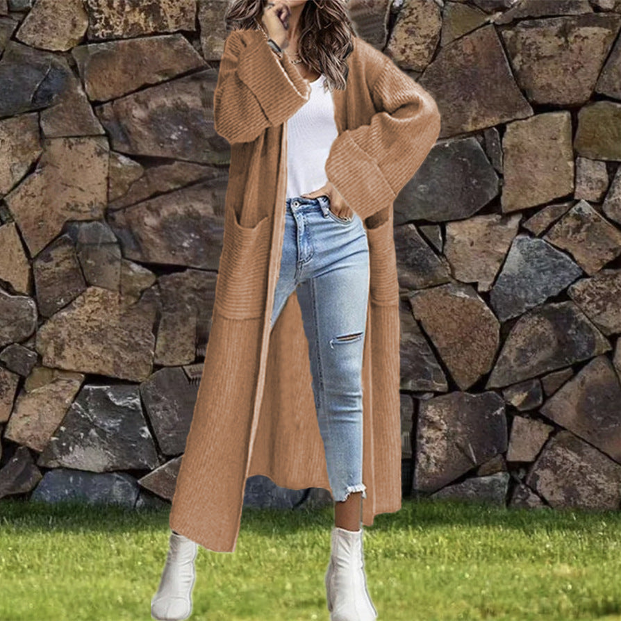 Maxi Knit Cardigan with Deep Patch Pockets and Turn-Up Cuffs