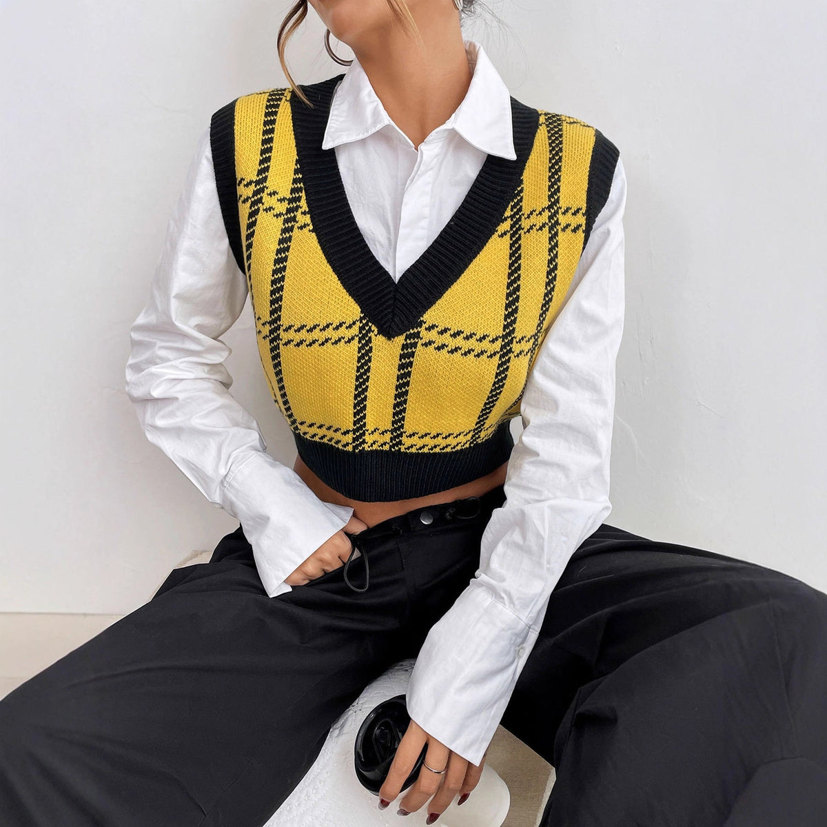 Plaid Sweater Vest with Black Ribbed V-Neck, Cropped Knit Tank Top