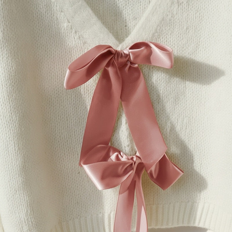 Ivory Cropped V-Neck Sweater with Satin Bows, Women's Jumper