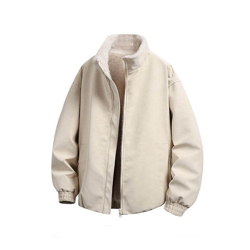 Oversized Faux Suede Jacket with Stand Collar and Zip Pockets