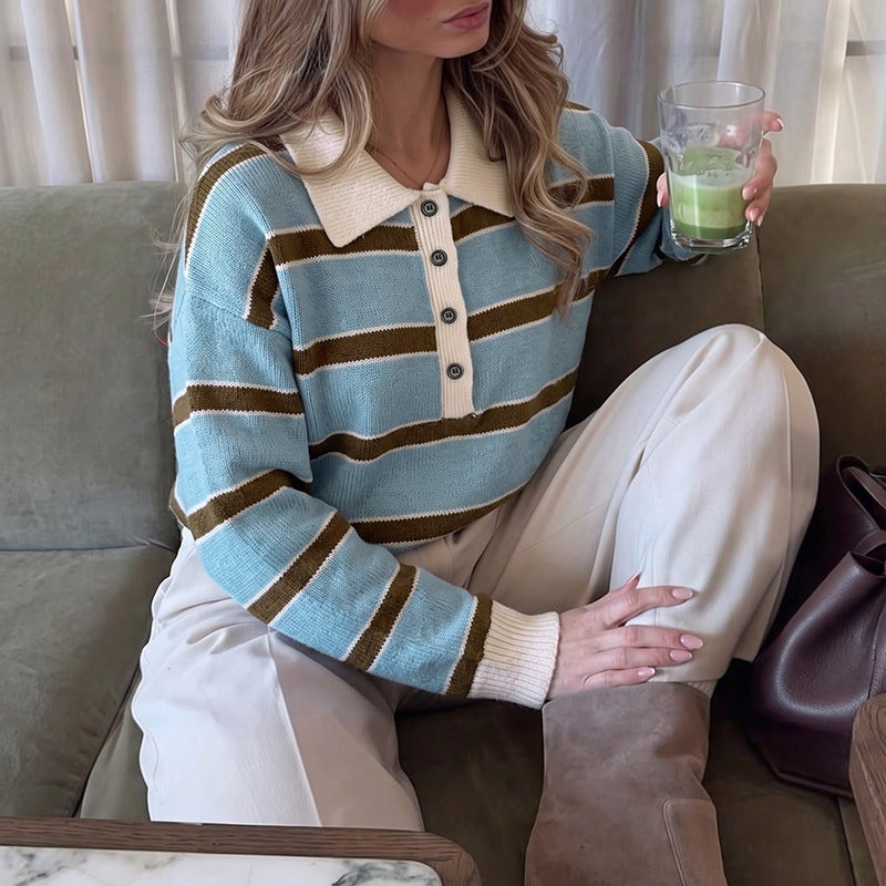 Striped Polo Collar Sweater with Half-Button Placket, Women's Jumper