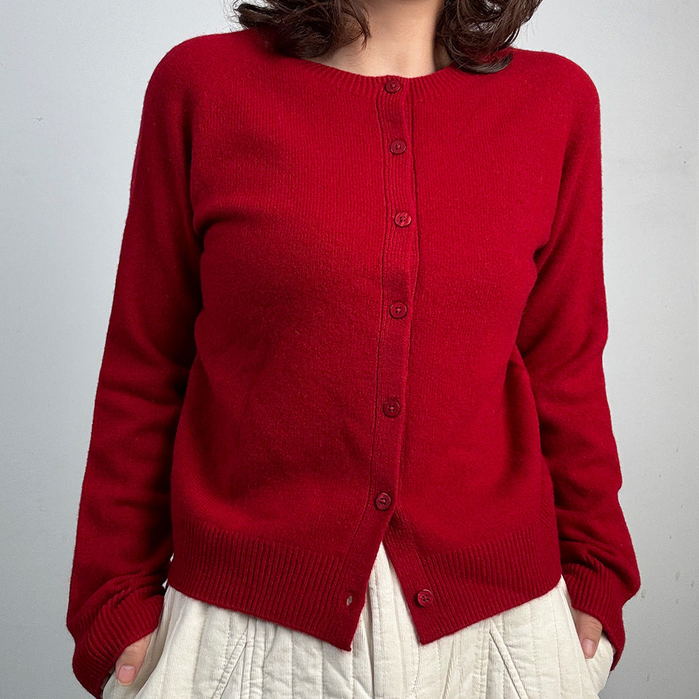 Red Fine Knit Cardigan with Crew Neck and Button Front, Raglan Sleeve