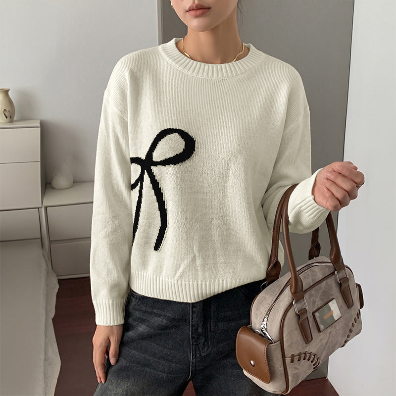 Off-White Bow Jacquard Sweater with Crew Neck, Relaxed Knit Jumper