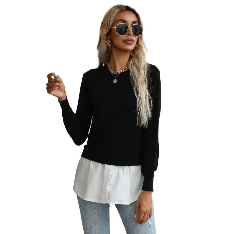 Shirt Hem Sweater with Crew Neck, 2-in-1 Layered Women's Jumper