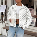White Polka Dot Jacket with Zip Front and Snap Placket, Cropped