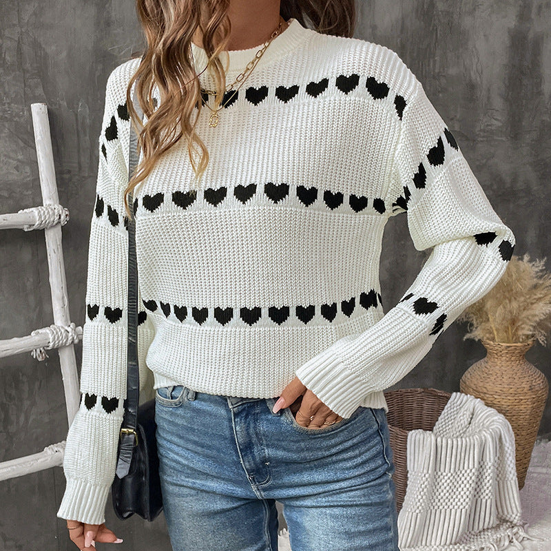 Heart Pattern Knit Sweater, Crew Neck Women's Jumper