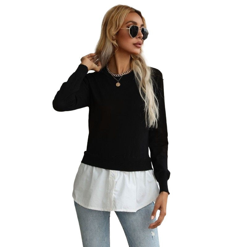 Shirt Hem Sweater with Crew Neck, 2-in-1 Layered Women's Jumper