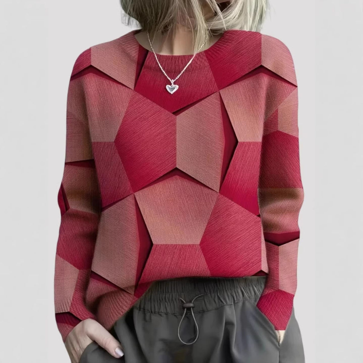Geometric Pattern Sweater with 3D Facet Effect, Women's Jumper