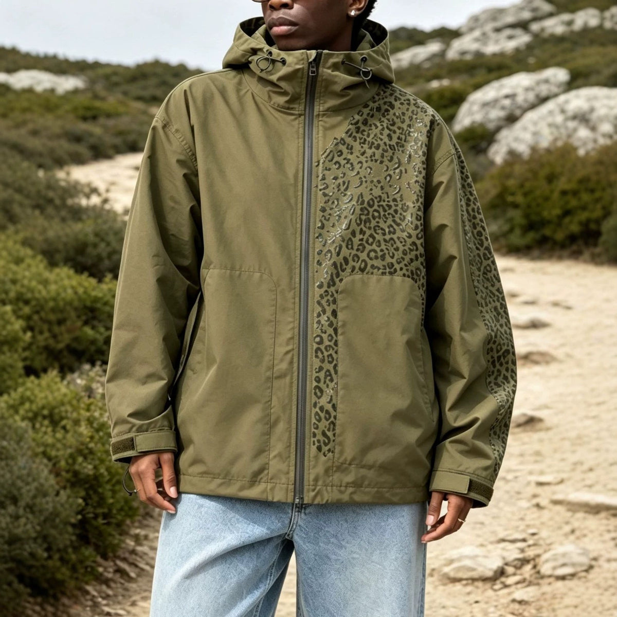 Men's Hooded Windbreaker Jacket with Leopard Print Panel, Zip Front