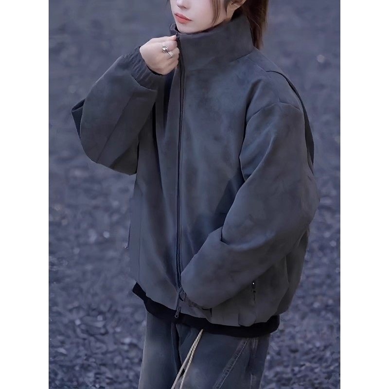 Oversized Faux Suede Jacket with Stand Collar and Zip Pockets