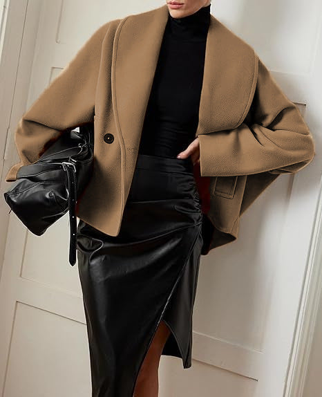 Cropped Shawl Collar Coat with Batwing Sleeves, Double-Breasted