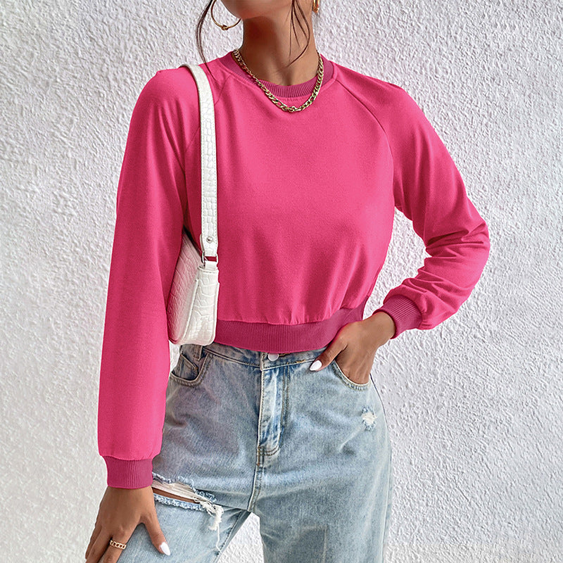 Cropped Raglan Sweatshirt with Crew Neck, Women's Long Sleeve Top